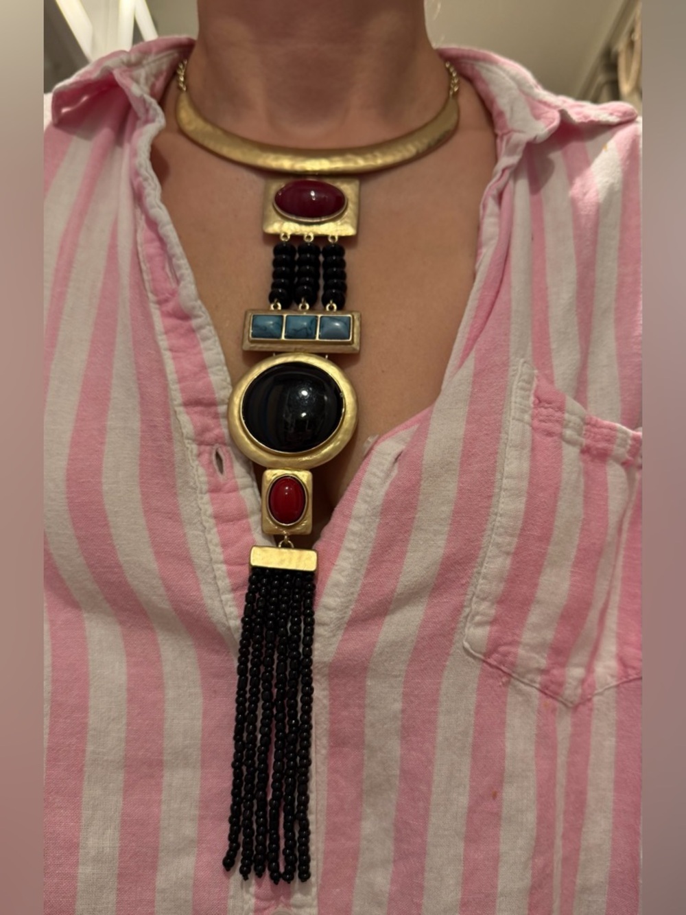 Chico's Retro Statement Gold Necklace Red Blue Accents Runaway piece Egyptian